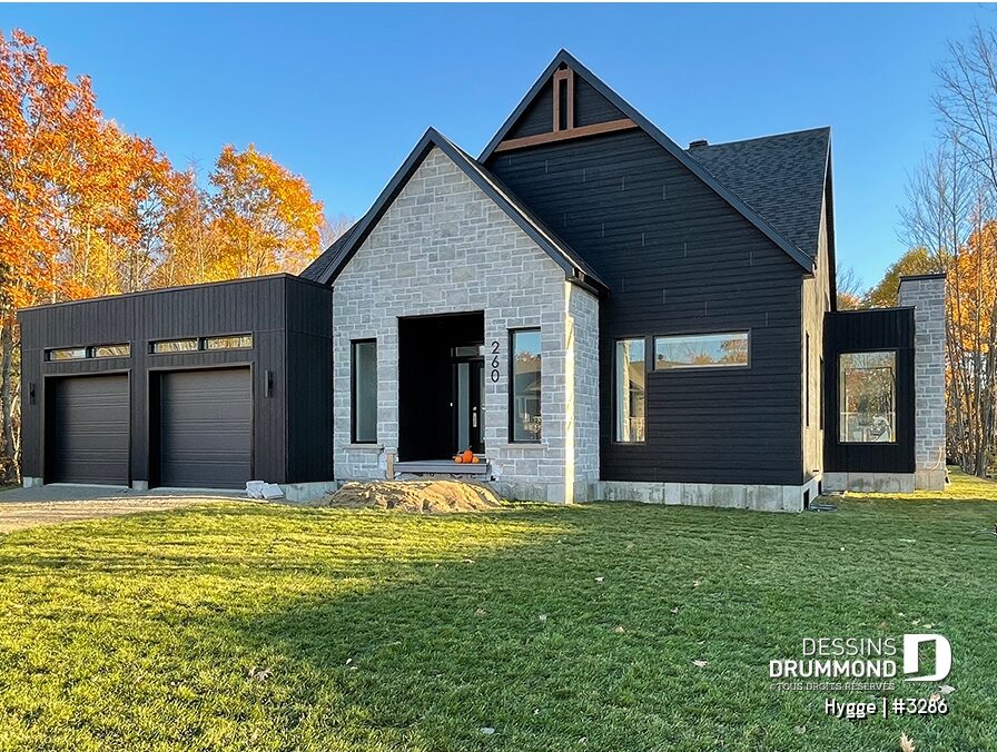 Plan de maison sur mesure de style scandinave moderne avec garage double et lignes épurées