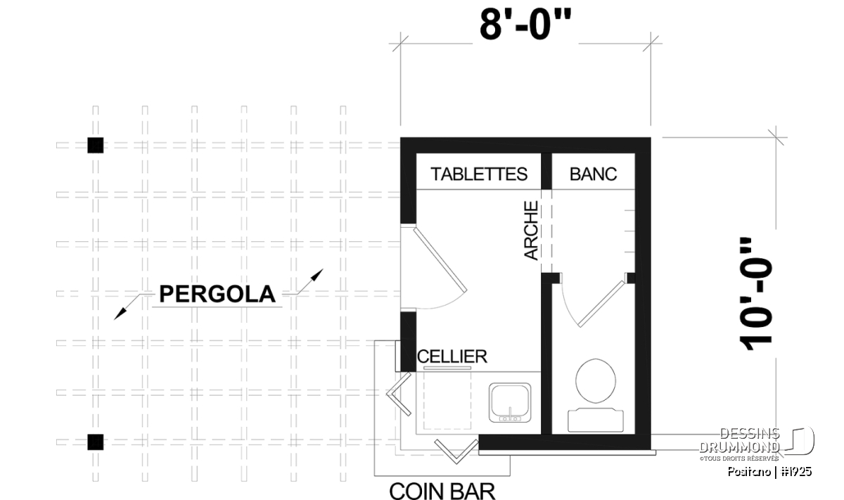 Plan de plancher du pavillon de piscine POSITANO 1925 avec pergola, coin bar extérieur, cellier et salle d’eau