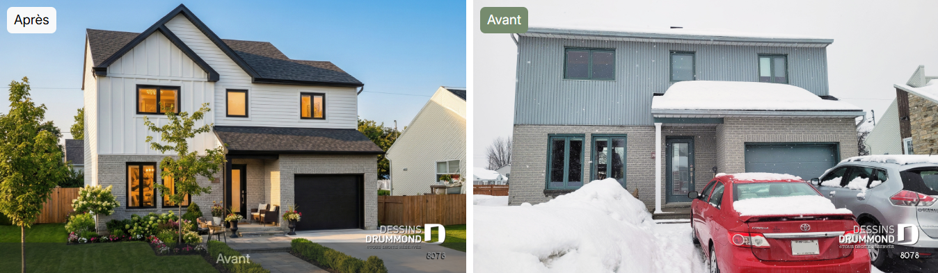 Transformation avant après d'une maison avec réaménagement intérieur complet, modernisation de la façade et mise à jour de l'architecture extérieure.