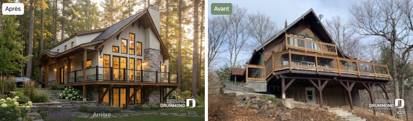Transformation avant après d’un chalet avec agrandissement, fenestration optimisée et plan de rénovation personnalisé réalisé par Dessins Drummond