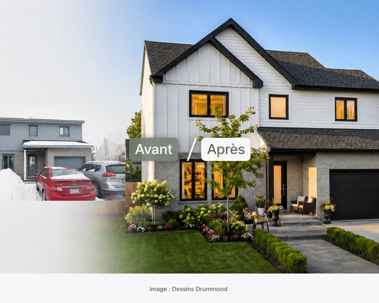 Transformation avant après d’une maison résidentielle réalisée avec un plan de rénovation Dessins Drummond montrant la modernisation de la façade et l’amélioration des espaces extérieurs
