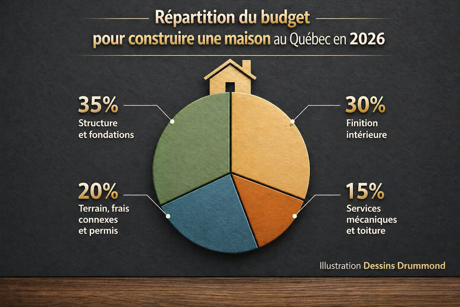 Répartition du budget pour construire une maison au Québec en 2026, incluant structure, finition intérieure, terrain, permis et services mécaniques.