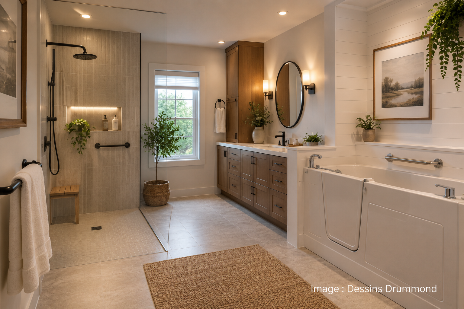 Salle de bain bi-génération moderne avec douche sans seuil, bain avec porte et aménagement élégant pensé pour autonomie et sécurité