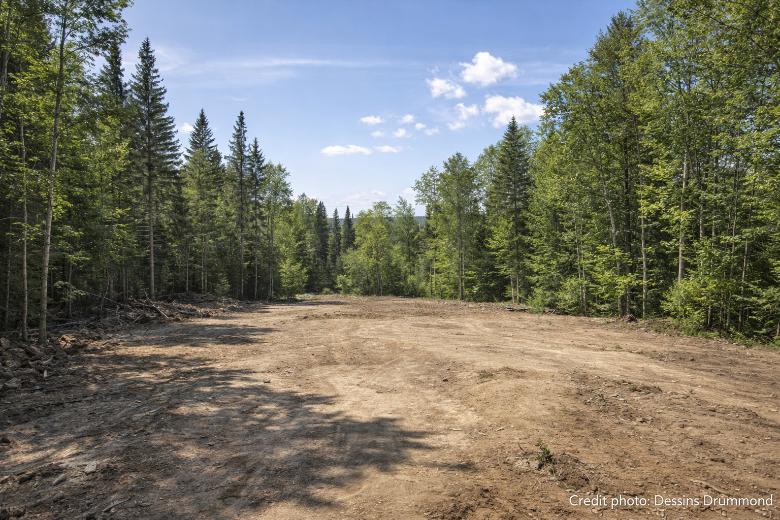 Terrain semi-boisé préparé pour la construction d’une maison au Québec avec zone défrichée