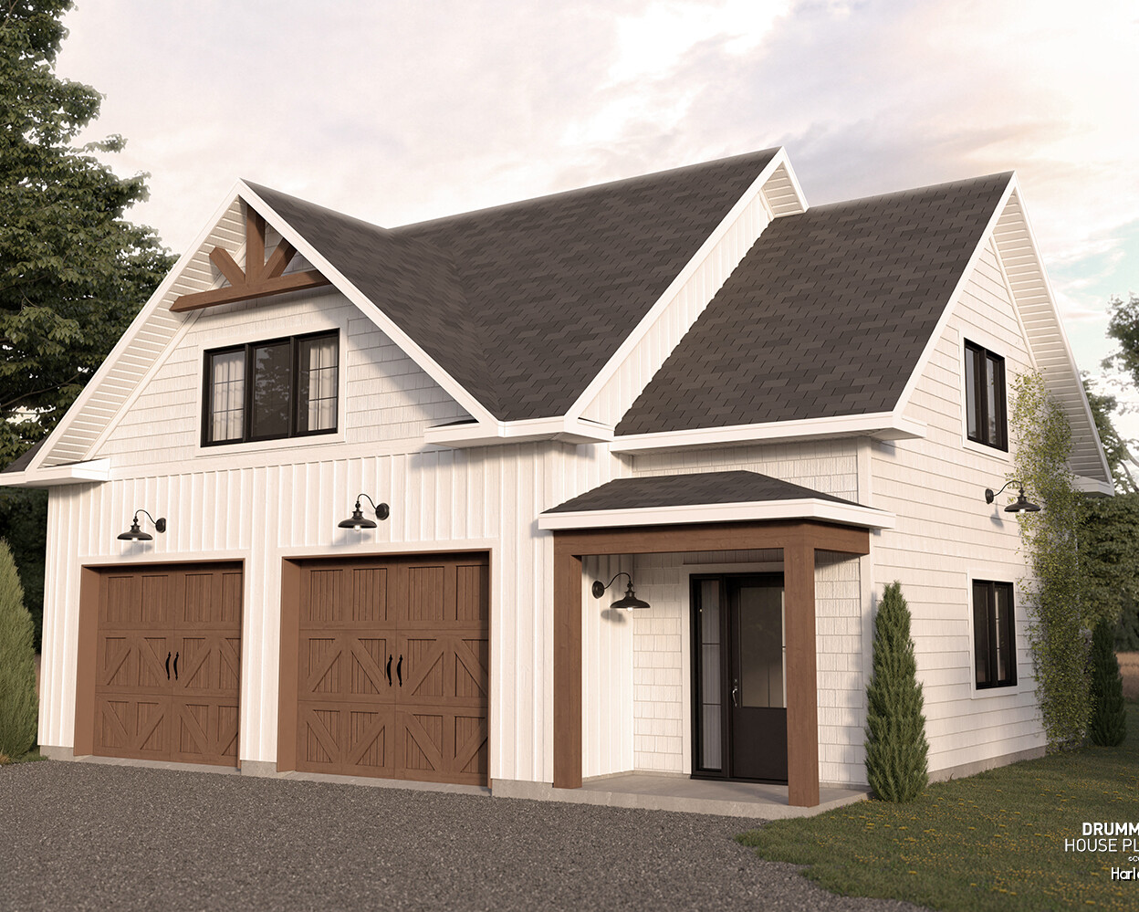 Plan de garage double détaché Harley (#6985) de style farmhouse avec grand espace de rangement sur mesure