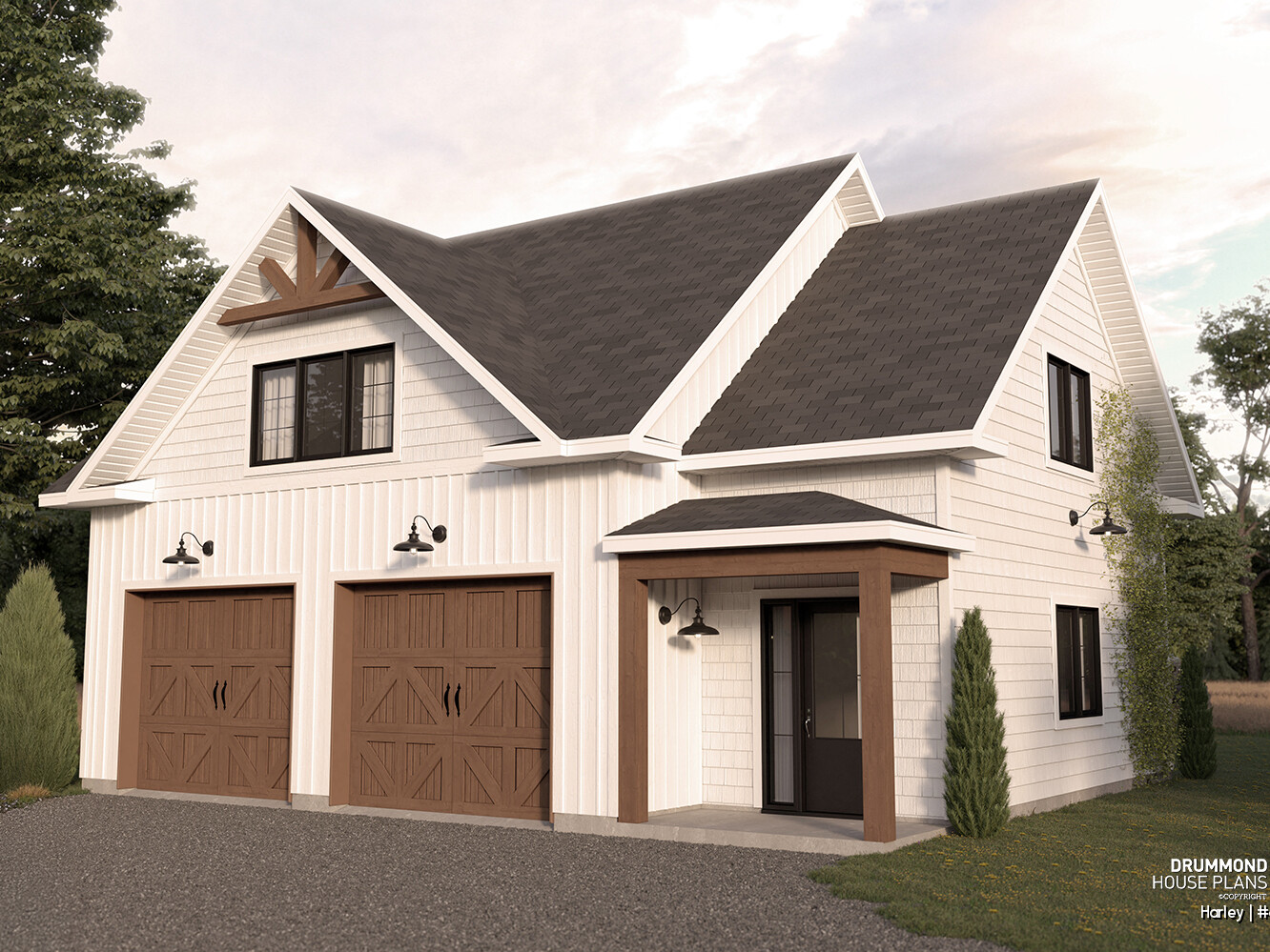 Plan de garage double détaché Harley (#6985) de style farmhouse avec grand espace de rangement sur mesure