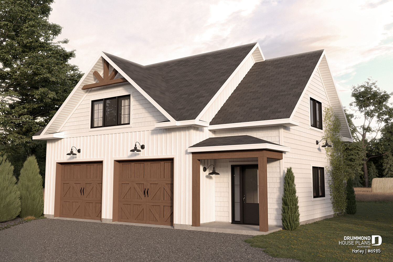 Plan de garage double détaché Harley (#6985) de style farmhouse avec grand espace de rangement sur mesure
