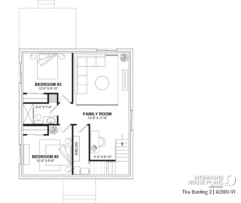 Finished basement plan of The Bunting 2 #2180-V1 with 2 bedrooms and family room