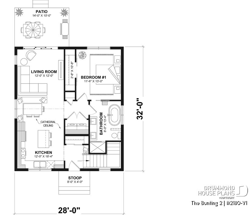 Main floor plan of The Bunting 2 #2180-V1 with open-concept living area