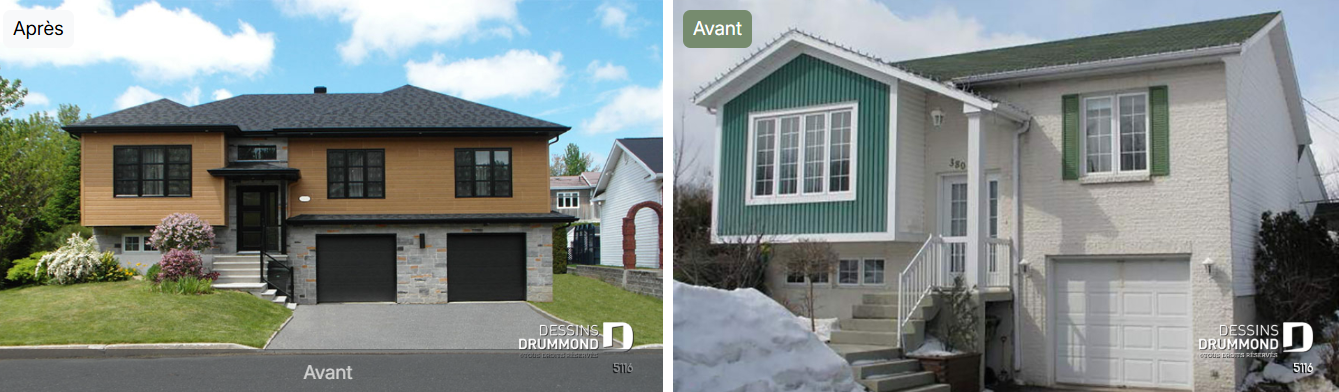 Avant et après d’un ajout de garage attaché réalisé à partir d’un plan de rénovation Dessins Drummond (Drummondville) transformant l’apparence et la fonctionnalité de la maison
