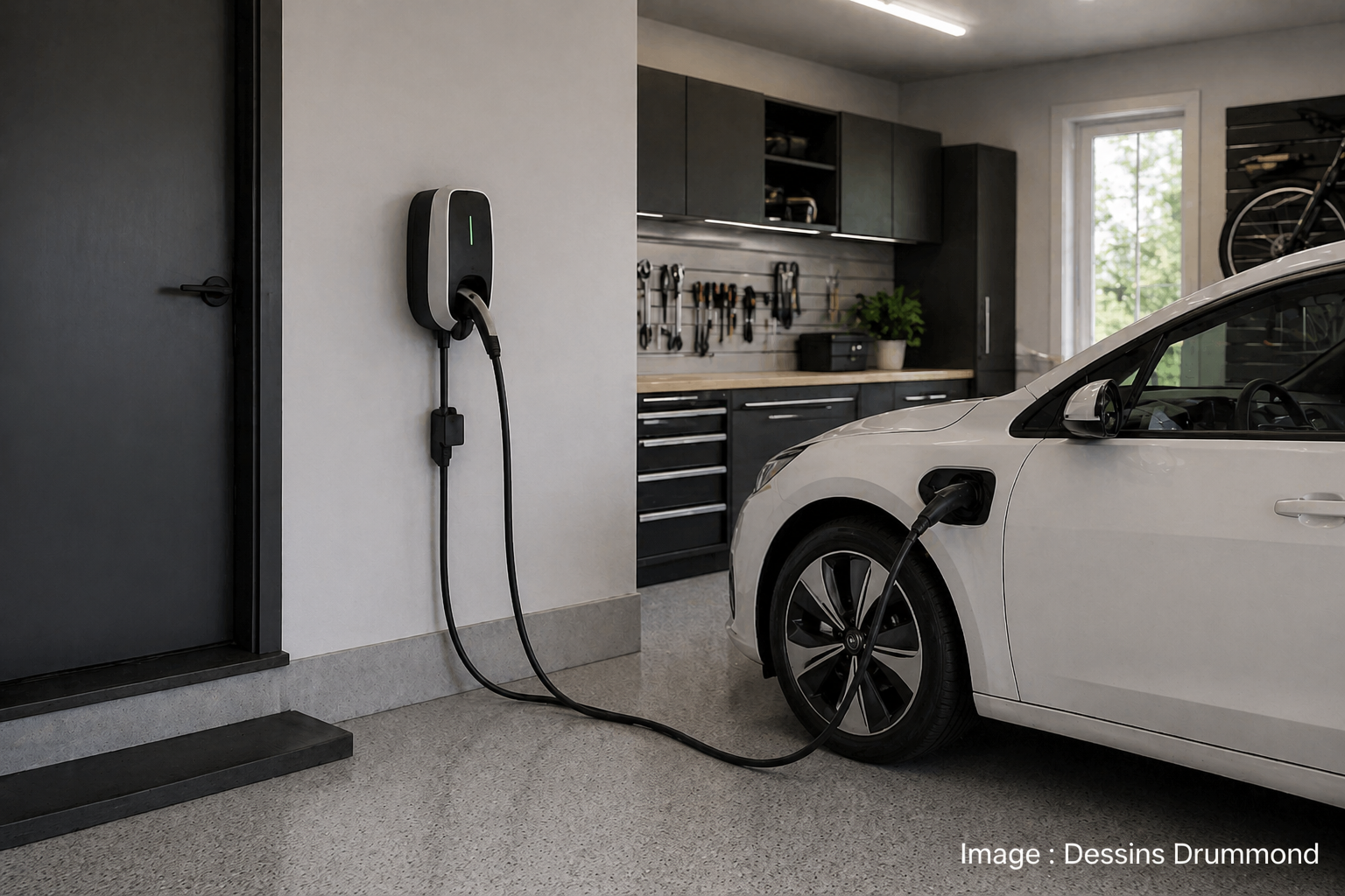 Garage résidentiel moderne avec borne de recharge électrique murale et véhicule électrique branché par Dessins Drummond