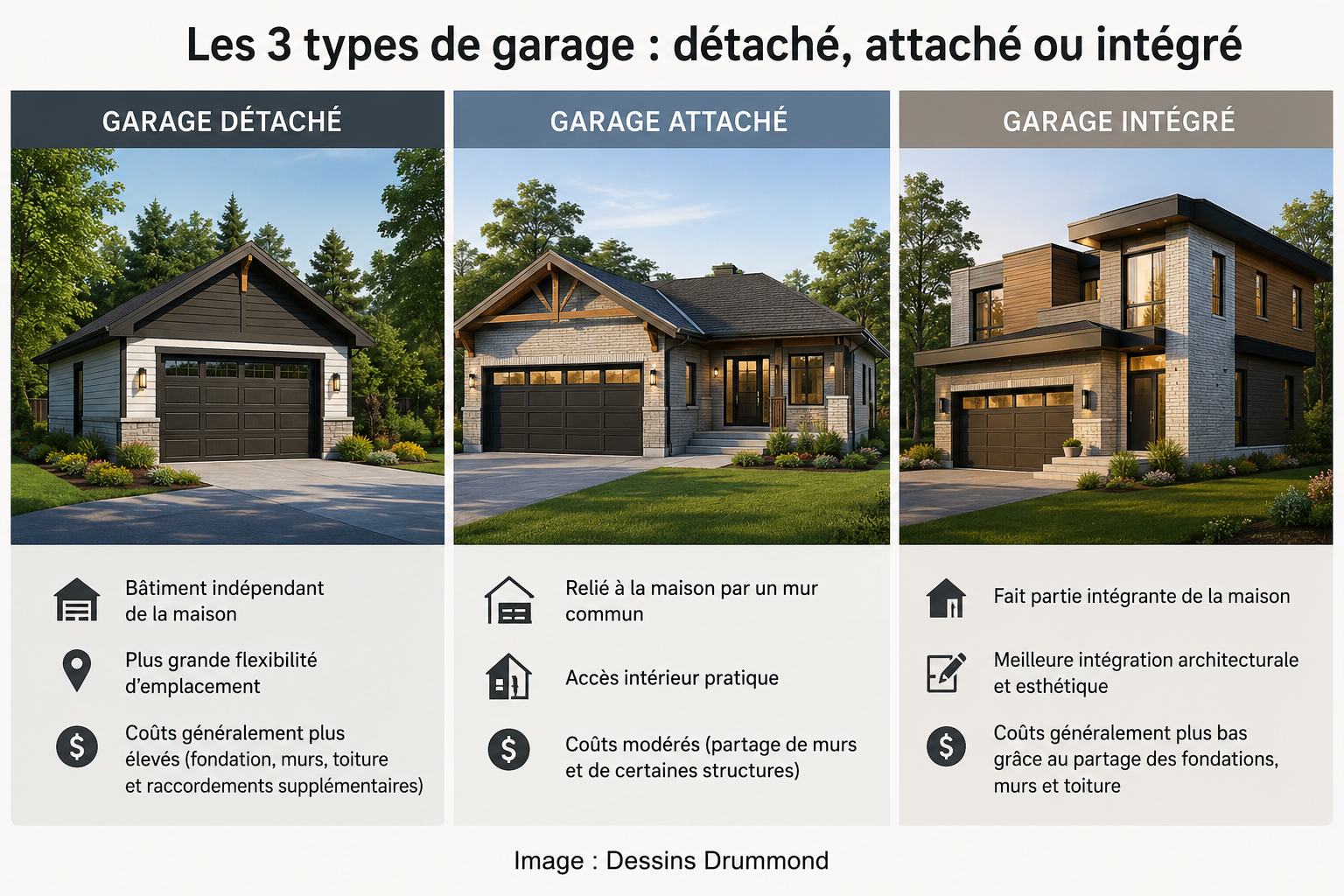 Comparaison visuelle entre un garage détaché, un garage attaché et un garage intégré avec leurs principales caractéristiques et impacts sur les coûts