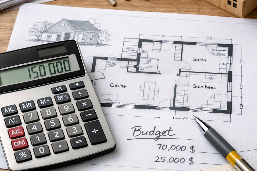 Planification du financement d’une maison au Québec avec plan, calculatrice et budget de construction