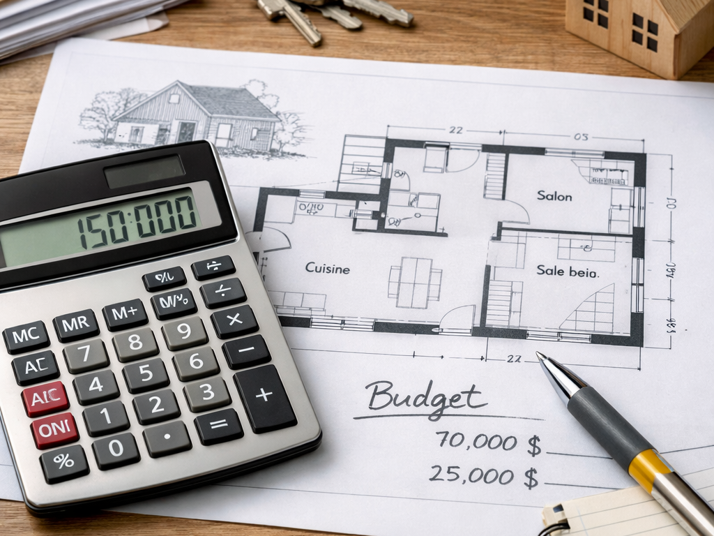 Planification du financement d’une maison au Québec avec plan, calculatrice et budget de construction