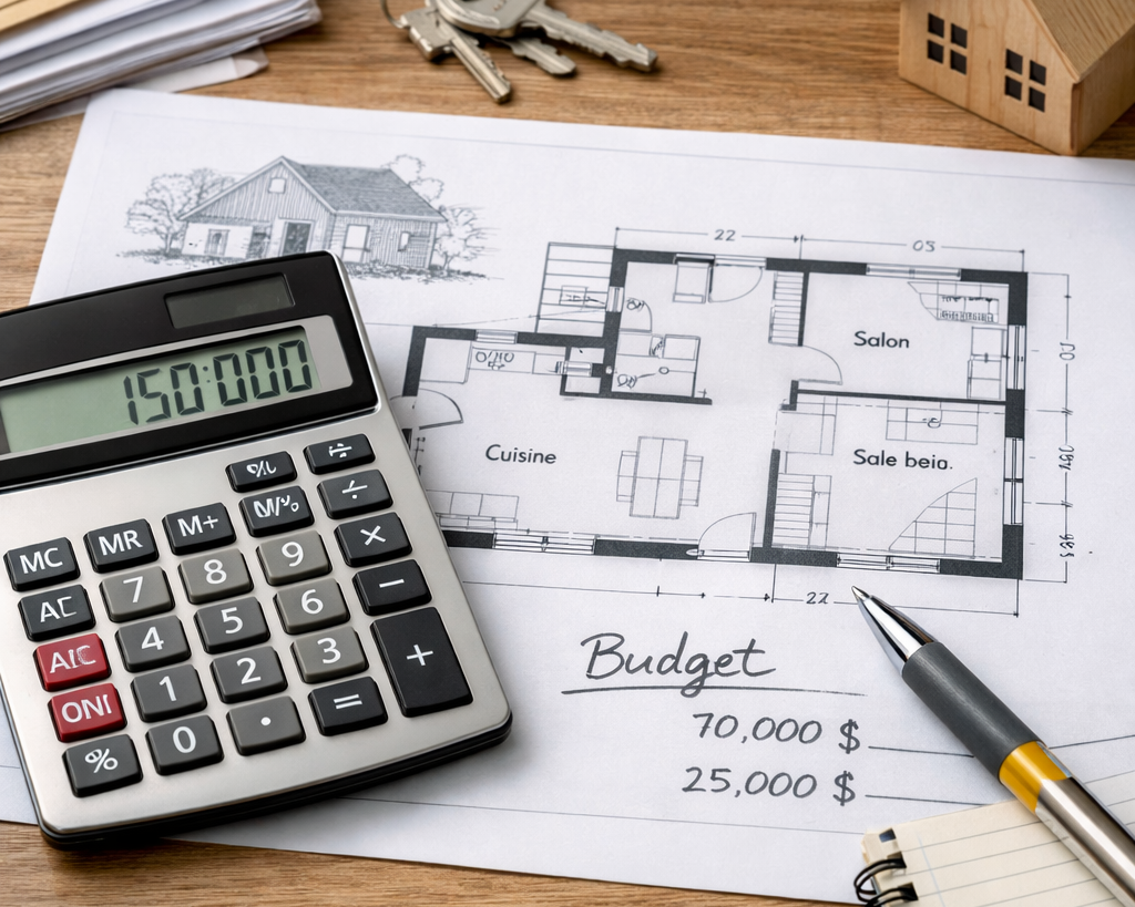 Planification du financement d’une maison au Québec avec plan, calculatrice et budget de construction