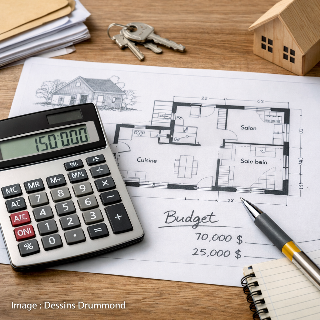 Planification du financement d’une maison au Québec avec plan, calculatrice et budget de construction