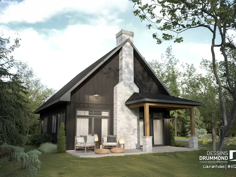 Vue extérieure du plan de chalet Laurentides (#6129) avec plafond cathédral, mezzanine et grande fenestration