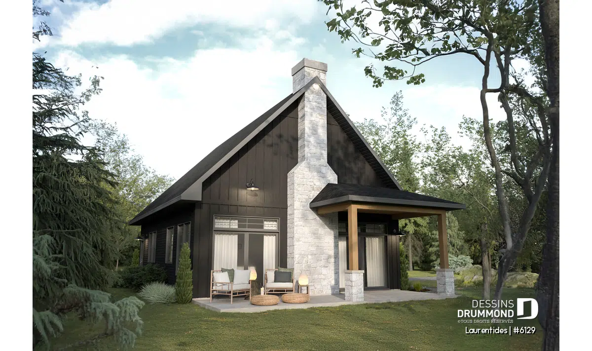 Vue extérieure du plan de chalet Laurentides (#6129) avec plafond cathédral, mezzanine et grande fenestration