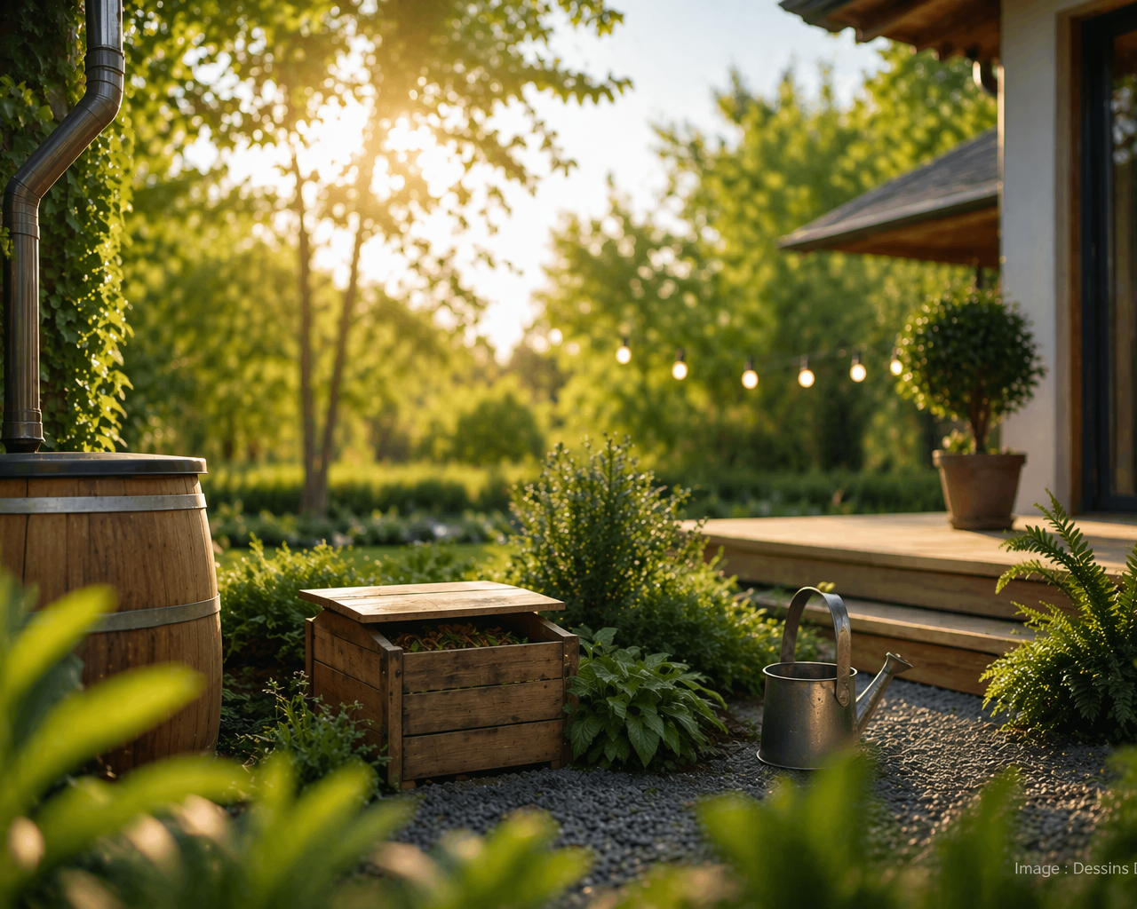 Jardin naturel et écologique baigné de lumière avec ambiance calme et durable
