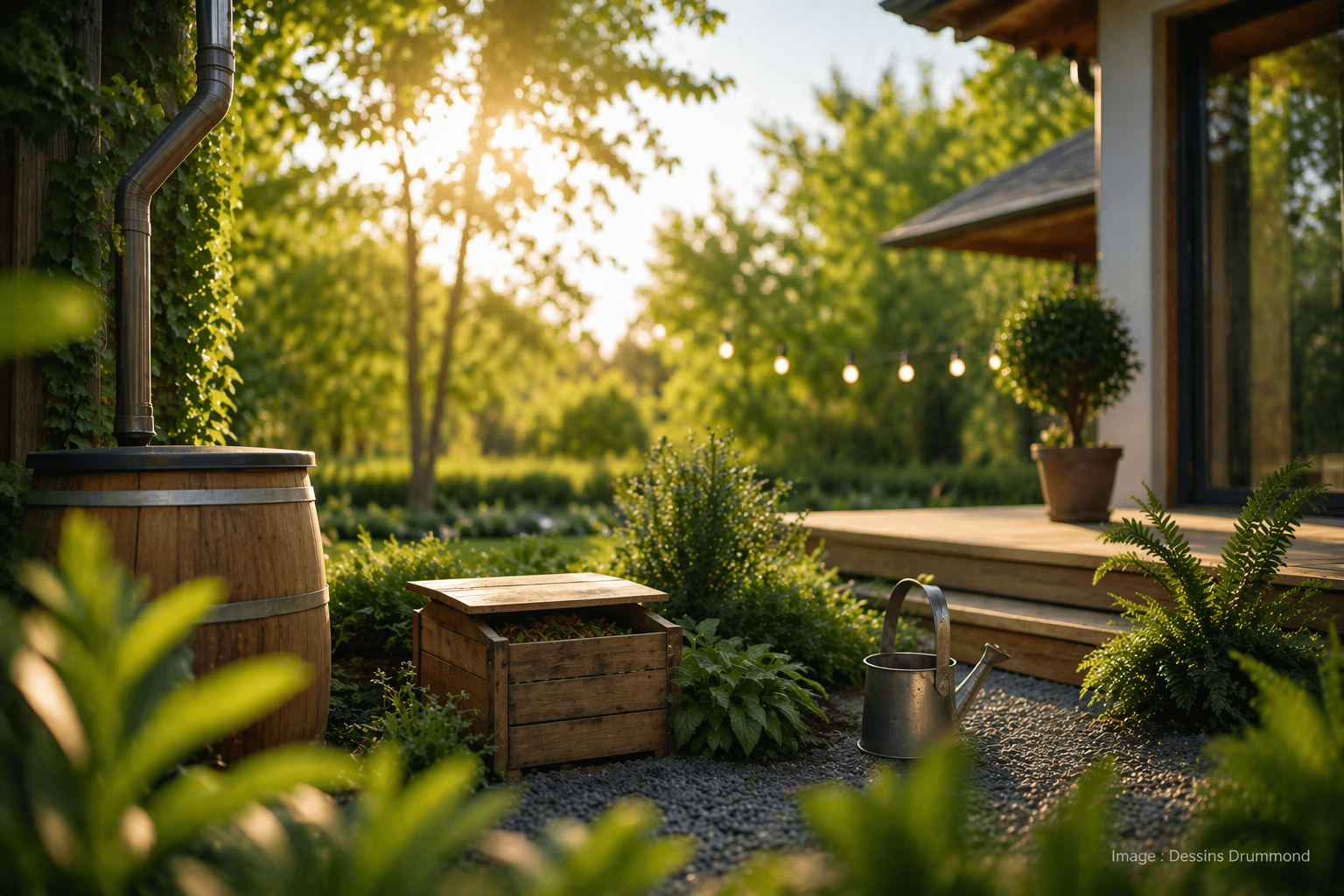 Jardin naturel et écologique baigné de lumière avec ambiance calme et durable