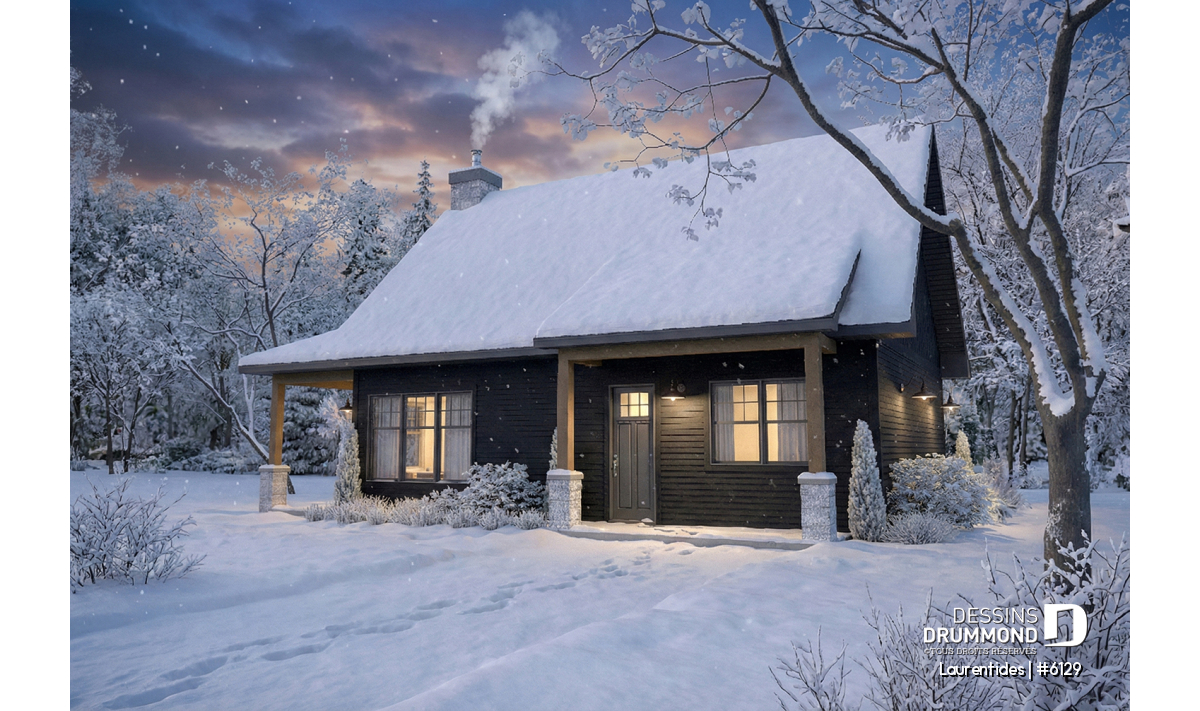 Vue avant hivernale du plan de chalet rustique Laurentides 6129 entouré de neige avec architecture chaleureuse et ambiance refuge nature