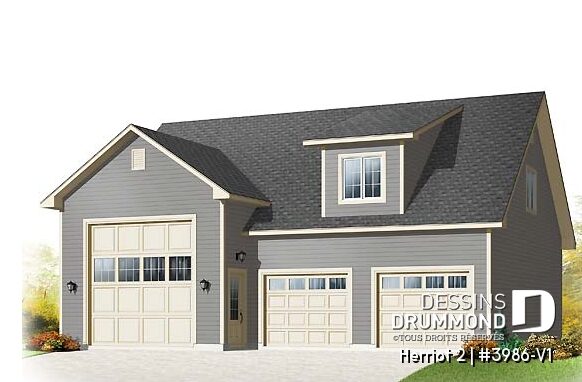 Plan de garage pour VR Herriot 2 (#3986-V1) par Dessins Drummond avec grande porte surdimensionnée et espace polyvalent