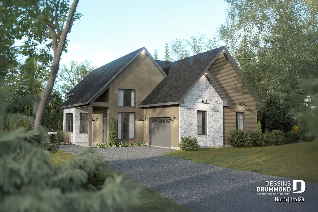 plan de maison à étage North 6128 avec garage et foyer STÛV façade avant moderne