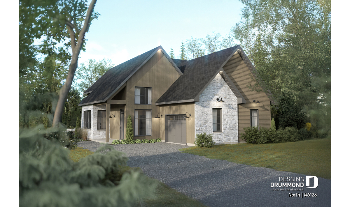 plan de maison à étage North 6128 avec garage et foyer STÛV façade avant moderne