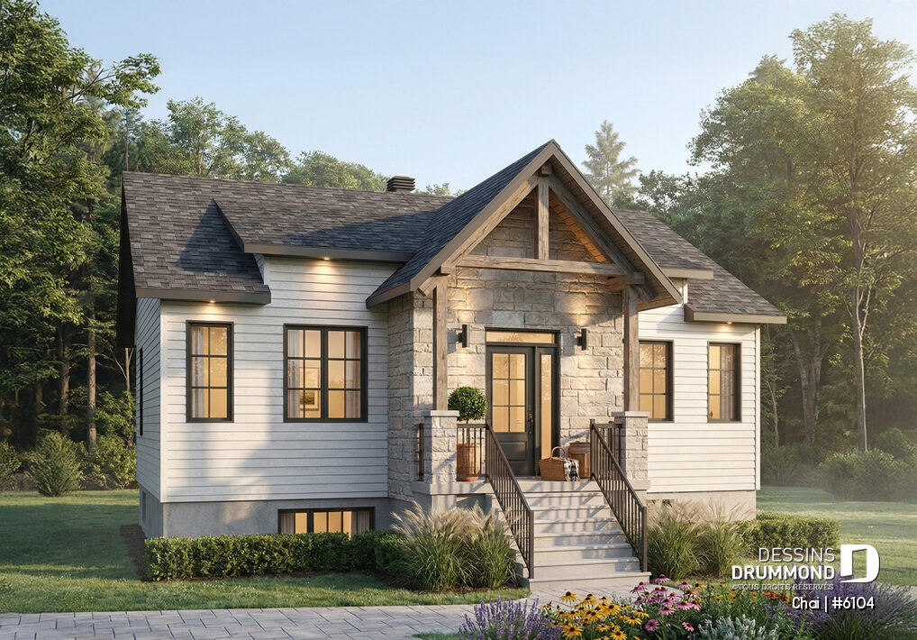 plan de maison farmhouse moderne Chai 6104 plain-pied avec terrasse abritée et 2 chambres