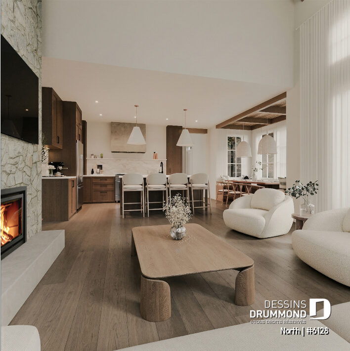 plan de maison North 6128 aire ouverte salon cuisine avec foyer STÛV au coeur de la maison et grande fenestration