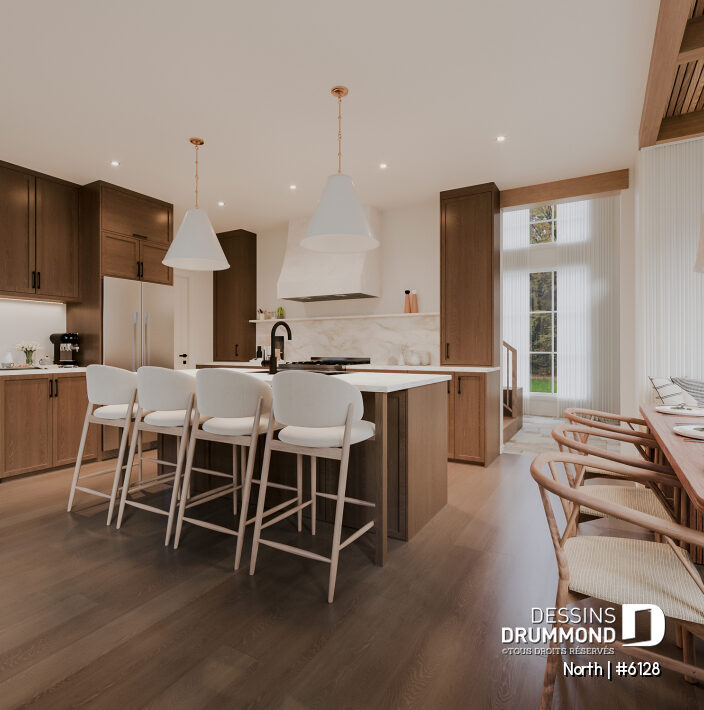 plan de maison North 6128 cuisine moderne aire ouverte avec îlot central et foyer STÛV au coeur de la maison