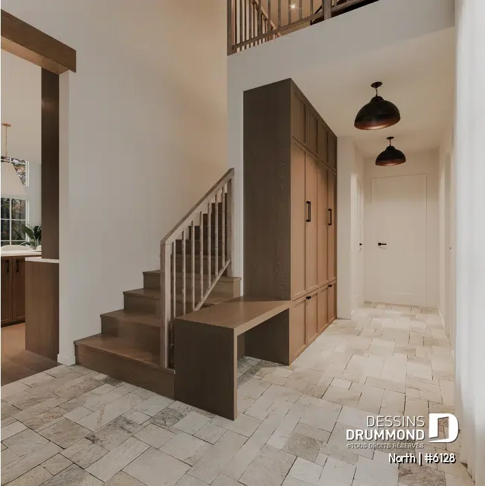 plan de maison North 6128 entrée ouverte sur deux étages lumineuse avec grande fenestration