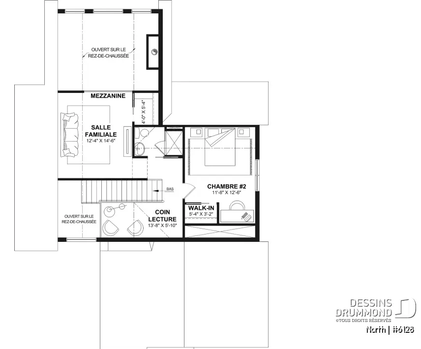 plan de maison North 6128 etage avec salle familiale coin lecture chambre bureau et salle de bain