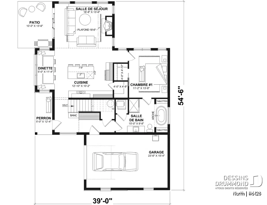 plan de maison North 6128 rez de chaussee avec chambre principale et aire ouverte salon cuisine avec foyer STÛV