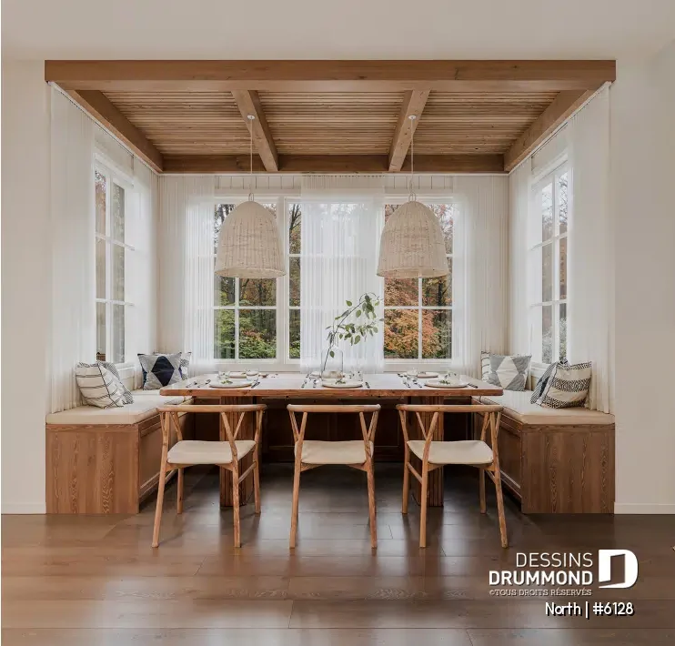 plan de maison North 6128 salle à manger avec banquette plafond design et lumière naturelle aire ouverte avec foyer STÛV