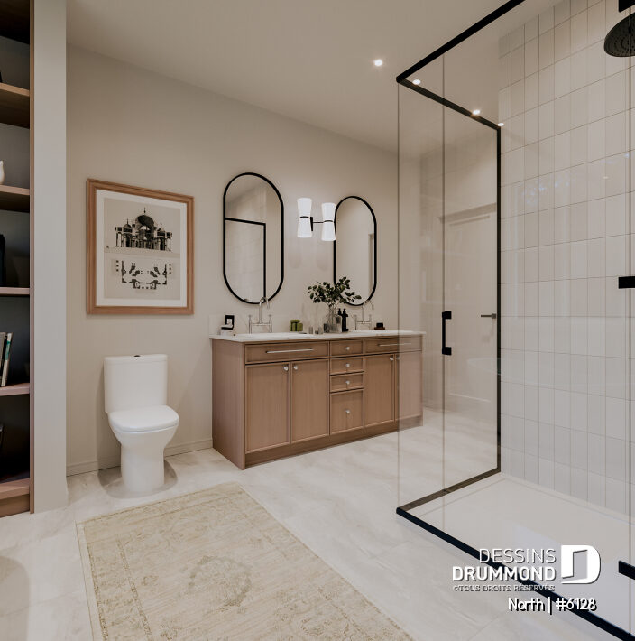 plan de maison North 6128 salle de bain chambre principale design moderne avec matériaux contemporains