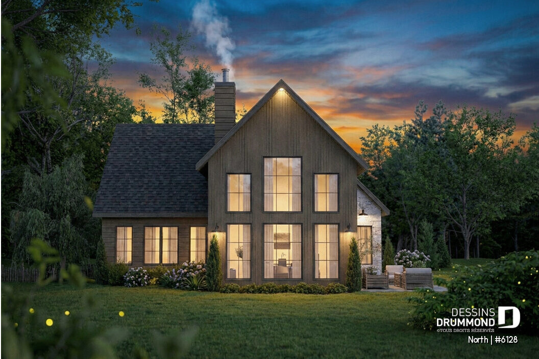 Vue arrière du plan de maison North 6128 avec grande fenestration, architecture rustique moderne et ambiance chaleureuse au coucher du soleil