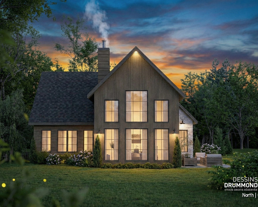 Vue arrière du plan de maison North 6128 avec grande fenestration, architecture rustique moderne et ambiance chaleureuse au coucher du soleil