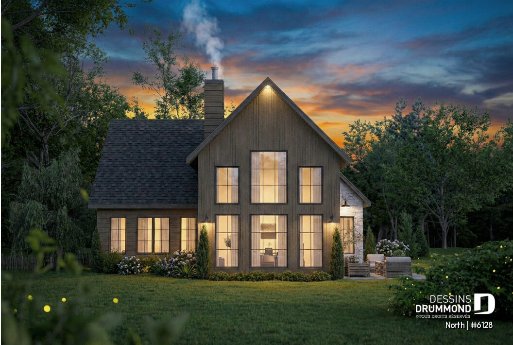 plan de maison North 6128 vue latérale de soir avec eclairage exterieur et architecture moderne