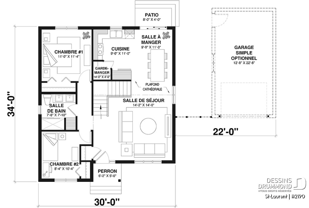 Plan de maison plain-pied 2 chambres, rez-de-chaussée, St-Laurent 2190 disposition intérieure