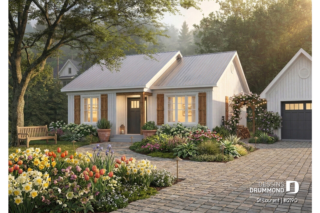 Plan maison plain-pied 2 chambres St-Laurent 2190 façade blanche style champêtre moderne