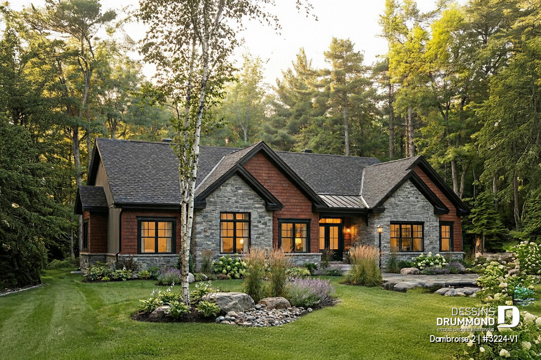 Plan de maison plain-pied avec façade avant moderne rustique, garage double et grande luminosité – Dambroise 2 (#3224-V1)