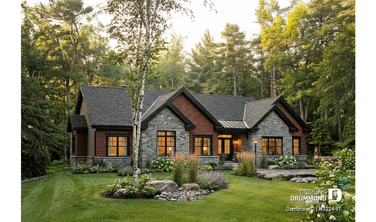 Plan de maison plain-pied avec façade avant moderne rustique, garage double et grande luminosité – Dambroise 2 (#3224-V1)