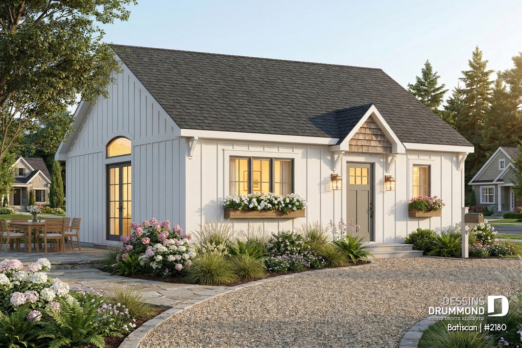 plan de maison pas cher plain-pied Batiscan 2180 vue avant style farmhouse économique