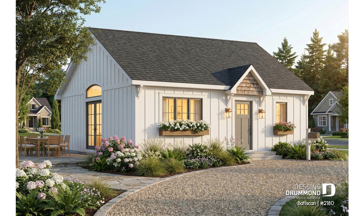 plan de maison pas cher plain-pied Batiscan 2180 vue avant style farmhouse économique