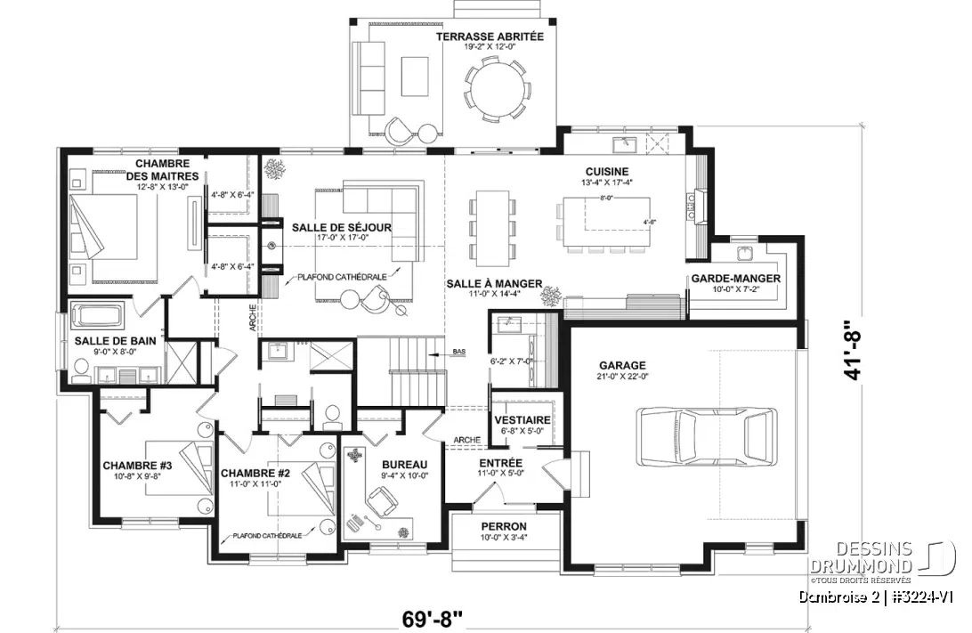 Plan de maison plain-pied avec rez-de-chaussée comprenant 3 chambres, aire ouverte lumineuse, cuisine avec îlot et garage double – Dambroise 2 (#3224-V1)