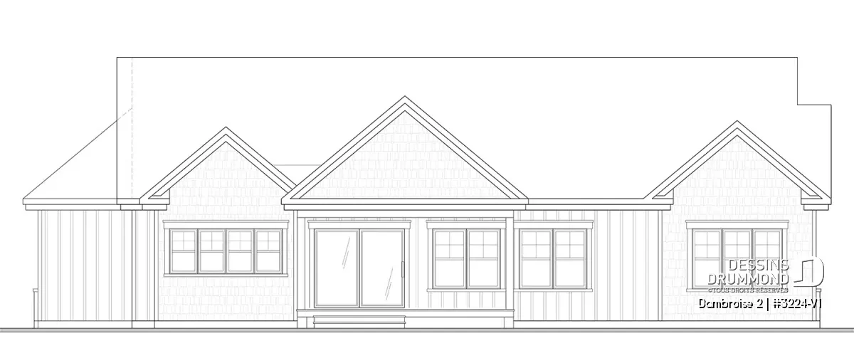 Plan de maison plain-pied avec vue arrière, terrasse couverte et grande fenestration apportant une luminosité abondante – Dambroise 2 (#3224-V1)