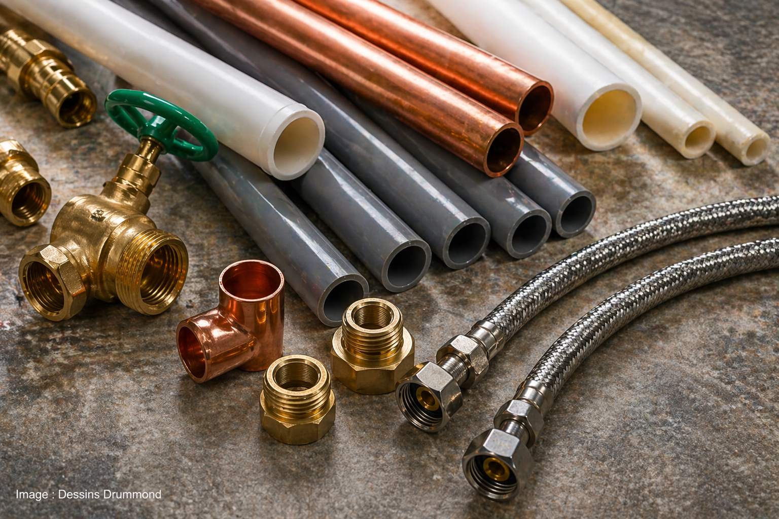 Matériaux de plomberie maison tuyaux cuivre PVC robinetterie raccords gros plan