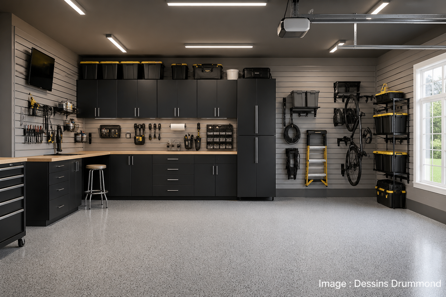 Garage moderne avec rangement intérieur sur mesure, armoires intégrées, panneaux muraux et établi fonctionnel par Dessins Drummond