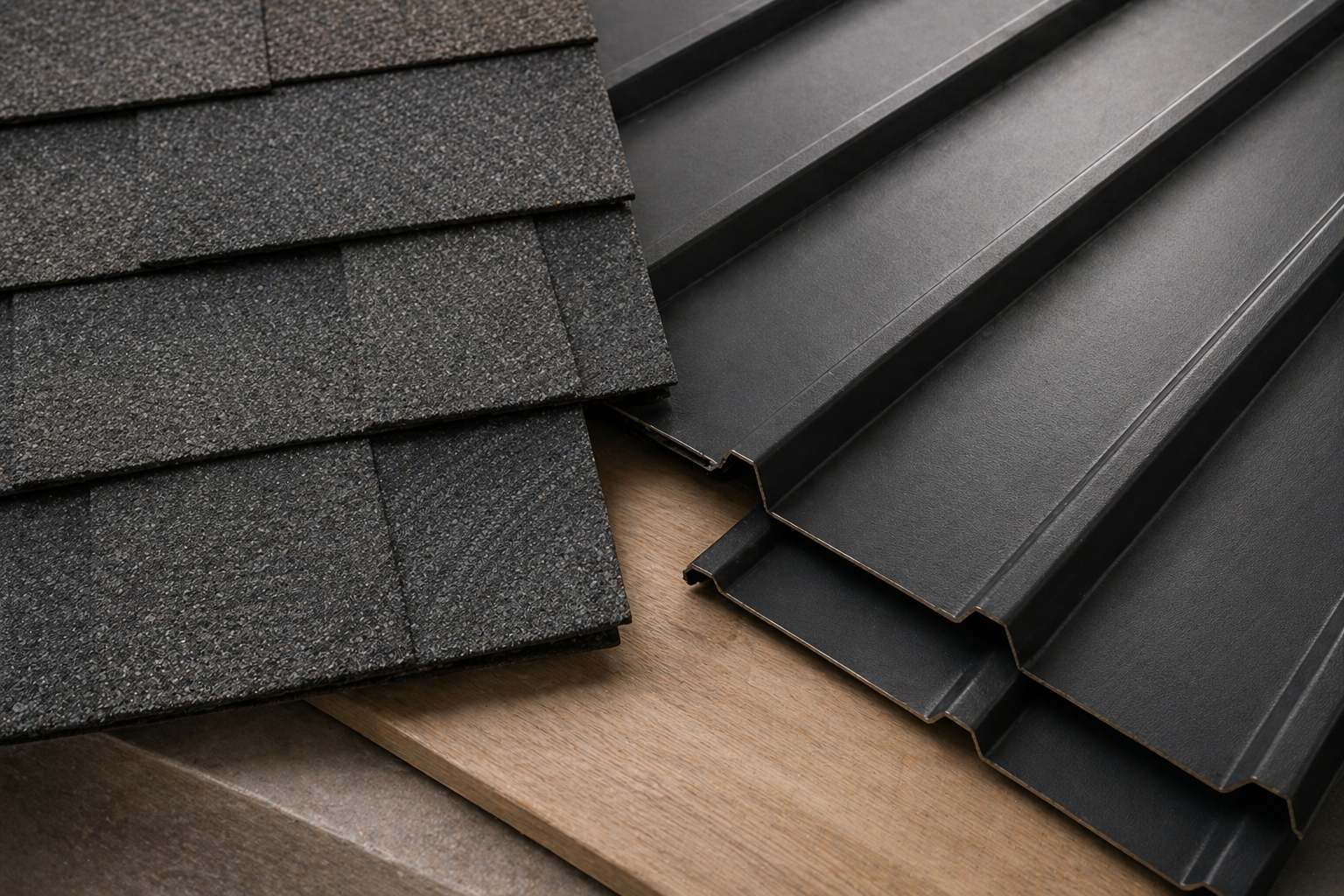 Toiture maison métal et bardeaux d’asphalte textures matériaux durables gros plan